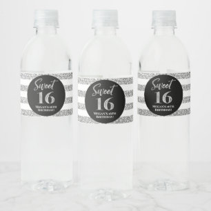 Etiqueta Para Botella De Agua Sweet 16 Rayas de color negro plateado