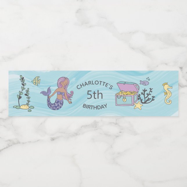 Etiqueta Para Botella De Agua Tan Skin Purple Mermaid Cumpleaños (Etiqueta única)