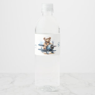 Etiqueta Para Botella De Agua Teddy Bear Airplane Watercolor Boy Baby Shower
