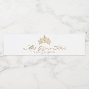 Etiqueta Para Botella De Agua Tiara elegante de oro de Quinceanera blanca