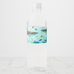 Etiqueta Para Botella De Agua Tiburones y Peces Acuarela Acuática Boda de Acuari