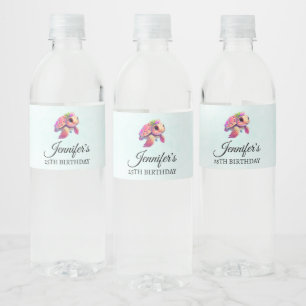Etiqueta Para Botella De Agua Tortuga marina rosa caprichosa y Fiesta cursi
