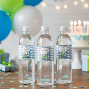 Etiqueta Para Botella De Agua Trendy Gingham Blue Construction 3rd Birthday 