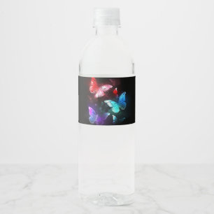 Etiqueta Para Botella De Agua Tres mariposas brillantes en el fondo nocturno