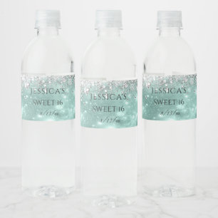 Etiqueta Para Botella De Agua  Turquesa y Plata Brillo Glitter Sweet 16  