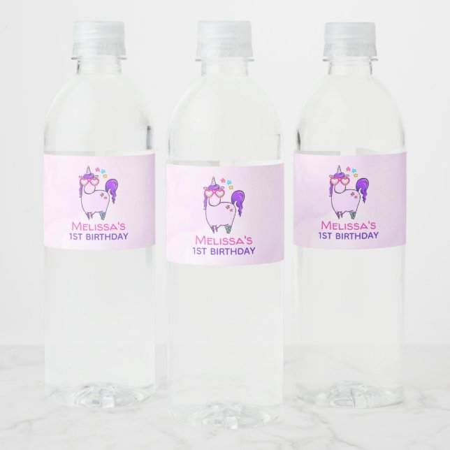 Etiqueta Para Botella De Agua Unicornio lindo en gafas cardiacas Cumpleaños (Botellas)
