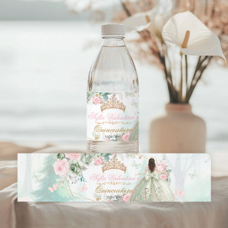Etiqueta Para Botella De Agua Verde Salvia Rosa Pálido Quinceañera Caprichosa de