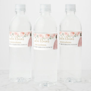 Etiqueta Para Botella De Agua Vestido Rosa Dorado Princesa Floral Rubor Quinceañ