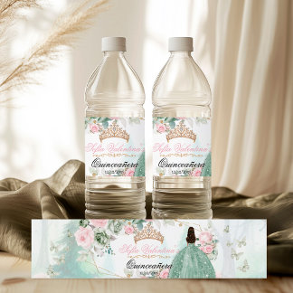 Etiqueta Para Botella De Agua Vestido Verde Salvia Rosa Brillante Quinceanera 15