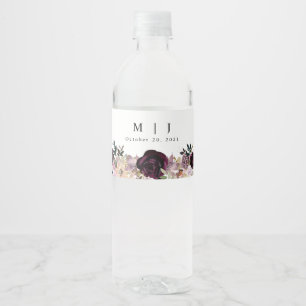 Etiqueta Para Botella De Agua Vino Floral de Boda de Otoño en Color Malva Ciruel