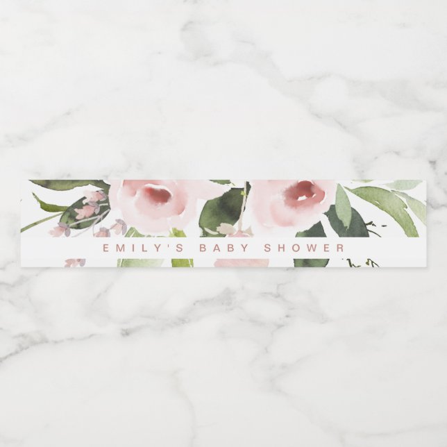 ETIQUETA PARA BOTELLA DE AGUA WASH DE COLOR SUTIL RUBOR PINK FLORAL BABY SHOWER (Etiqueta única)