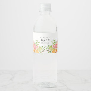 Etiqueta Para Botella De Agua Watercolor Floral Coral Green Baby Shower