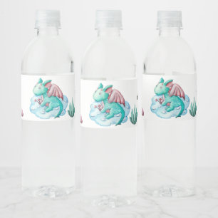 Etiqueta Para Botella De Agua Watercolor Pastel Turquoise Dragon Baby Shower