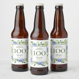 Etiqueta Para Botella De Cerveza 100.º cumpleaños Hidrangeas azules