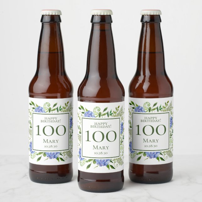 Etiqueta Para Botella De Cerveza 100.º cumpleaños Hidrangeas azules (Botellas)