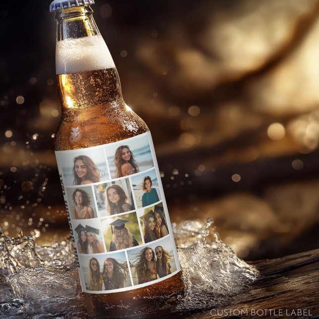 Etiqueta Para Botella De Cerveza 10 Collage de fotos - fondo blanco texto negro (Custom Photo Collage on a Food and Beverage Label)