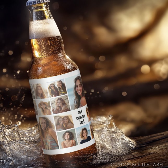 Etiqueta Para Botella De Cerveza 13 Collage de fotos Monograma negro - Puede editar (Custom Photo Collage on a Food and Beverage Label)