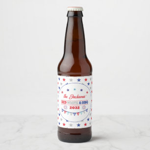 Etiqueta Para Botella De Cerveza 4.º july Blanco Rojo y nombre de familia BBQ patri