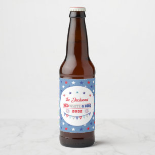 Etiqueta Para Botella De Cerveza 4.º july Blanco Rojo y nombre de familia BBQ patri