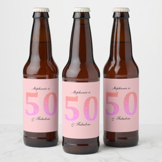 Etiqueta Para Botella De Cerveza 50.º cumpleaños 50 fabuloso nombre Purpurina rosad (Botellas)