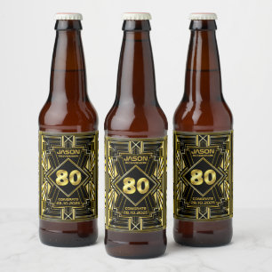 Etiqueta Para Botella De Cerveza 80 cumpleaños Art Deco Oro Gran Gatsby Negro