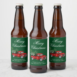 Etiqueta Para Botella De Cerveza Acuarela Vintage Camión Rojo Feliz Navidad Verde