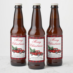 Etiqueta Para Botella De Cerveza Acuarela Vintage Camión Rojo Merry Navidad Placa