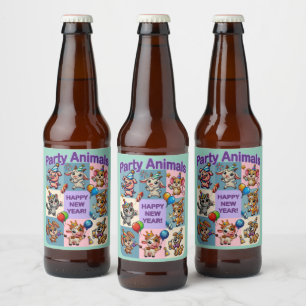 Etiqueta Para Botella De Cerveza Animales de fiesta "Feliz Año Nuevo"