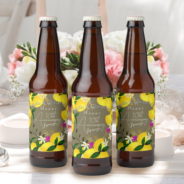 Etiqueta Para Botella De Cerveza Apretón de limón  (10th Wedding Anniversary Lemon Squeeze Beer BottleLabel)