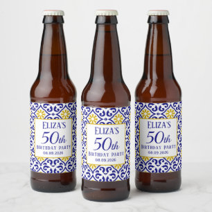 Etiqueta Para Botella De Cerveza Baldosas portuguesas Azul 50 aniversario Mediterrá