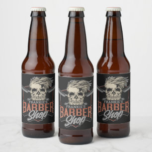 Etiqueta Para Botella De Cerveza Barbería Personalizada Cráneo y Navajas Hipster