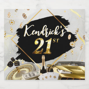 Etiqueta Para Botella De Cerveza Black & Gold Casino, Luxury Car 21st Birthday