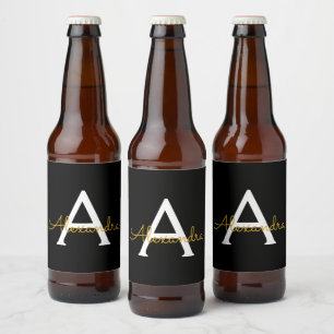 Etiqueta Para Botella De Cerveza Black Gold Modern Script Girly Monograma Nombre