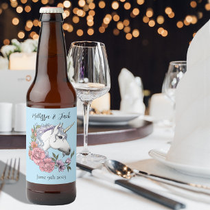 Etiqueta Para Botella De Cerveza Boda azul de las flores rosadas de unicornio blanc