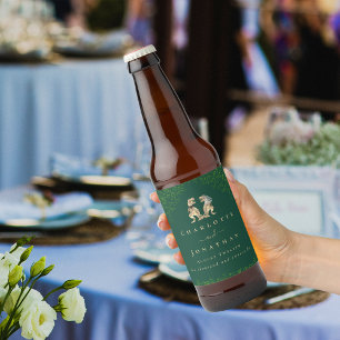 Etiqueta Para Botella De Cerveza Boda con tema de dinosaurios verde oscuro