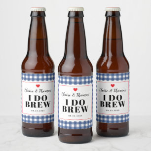 Etiqueta Para Botella De Cerveza Boda de cuadros azules y blancos 'I Do Brew'