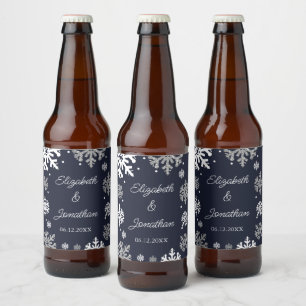 Etiqueta Para Botella De Cerveza Boda de invierno con copas de nieve azul de la mar