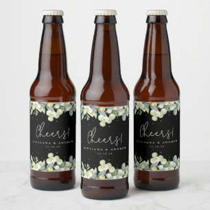 Etiqueta Para Botella De Cerveza Boda de invierno con Eucalipto y Snowberry Negro