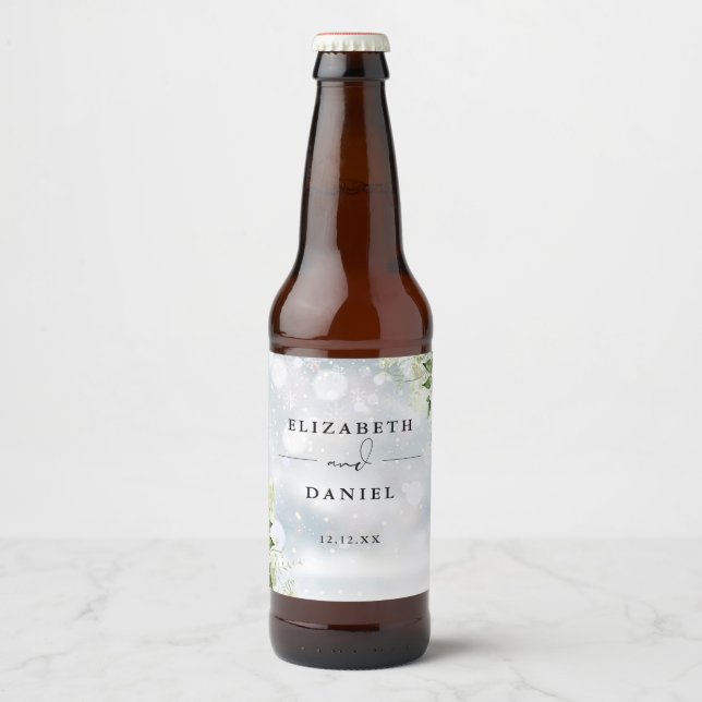Etiqueta Para Botella De Cerveza Boda de invierno de flora verde elegante (Anverso)