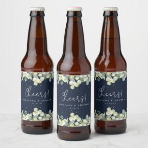 Etiqueta Para Botella De Cerveza Boda de invierno en Navy Oscuro Snowberry+Eucalypt