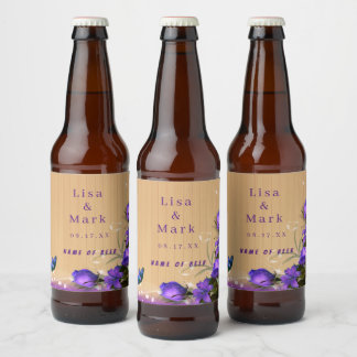 Etiqueta Para Botella De Cerveza Boda de mariposa floral púrpura de madera rústica