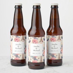 Etiqueta Para Botella De Cerveza Boda de patrón de mariposa y Rosa de la Torre Eiff