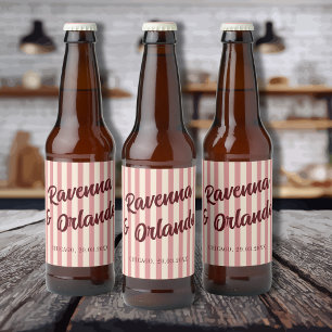 Etiqueta Para Botella De Cerveza Boda de rayas rosadas retro de Borgoña