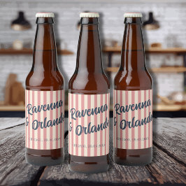 Etiqueta Para Botella De Cerveza Boda de rayas rosadas y azul marino retro