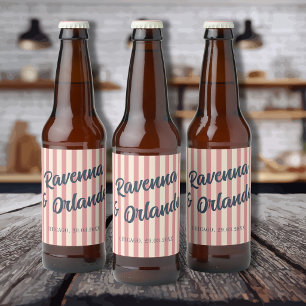 Etiqueta Para Botella De Cerveza Boda de rayas rosadas y azul marino retro
