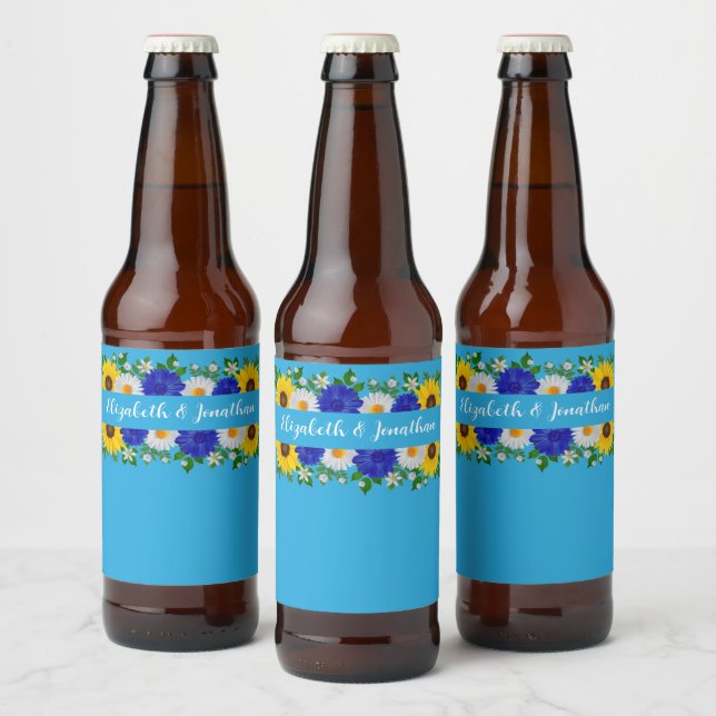 Etiqueta Para Botella De Cerveza Boda floral azul cielo de verano (Botellas)