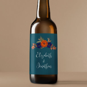 Etiqueta Para Botella De Cerveza Boda floral azul de la Marina Naranja de otoño rus