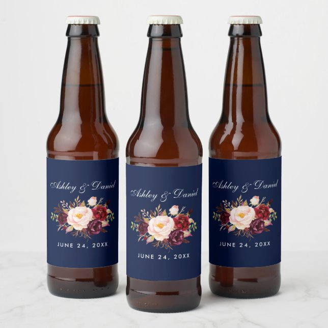 Etiqueta Para Botella De Cerveza Boda Floral Burgundy Blue (Botellas)