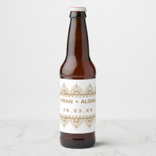 Etiqueta Para Botella De Cerveza Boda indio Gold Henna Paisley White