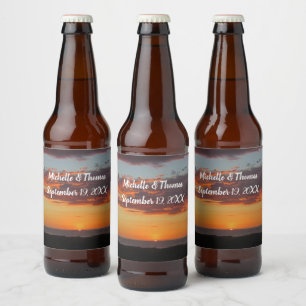 Etiqueta Para Botella De Cerveza Boda Ocean Sunset Bright Naranja Sky Beach
